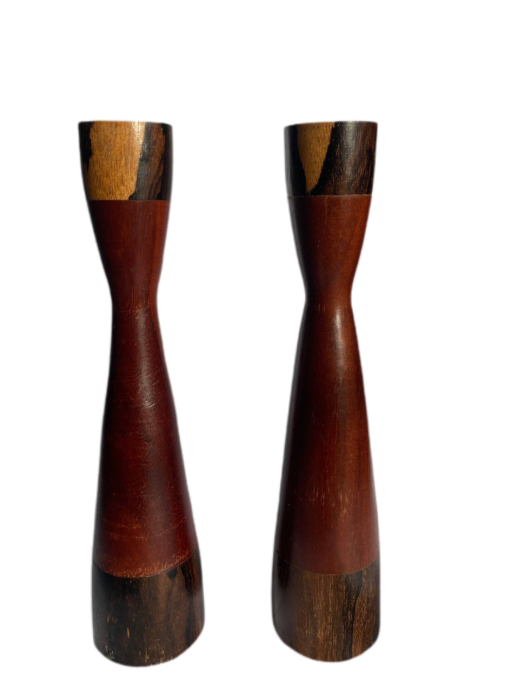 Vintage Pair of Rosewood & Walnut Candle Sticks